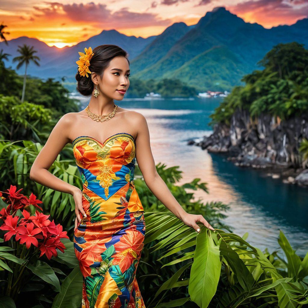 A colorful and vibrant scene capturing the essence of the Filipina culture, featuring a celebration of beauty and sensuality. Include traditional attire with modern elements, surrounded by tropical flora and artistic motifs. Evoke joy and warmth through soft lighting, with an emphasis on individual expressions of happiness and allure. The background showcases mountains and a sunset, symbolizing the rich landscape of the Philippines. super-realistic. vibrant colors. tropical theme.