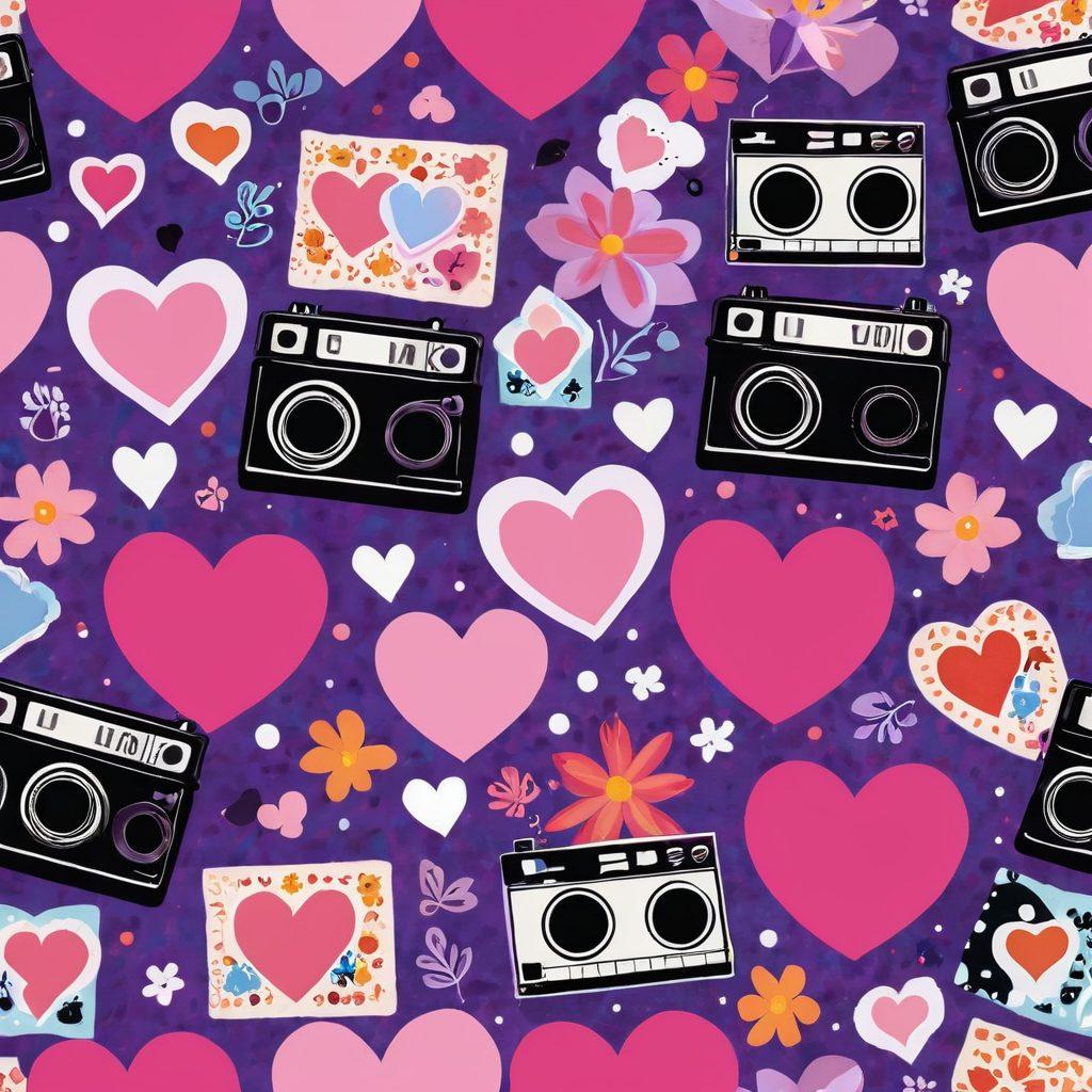A whimsical collage that juxtaposes vibrant, playful elements of romantic films, heart-shaped motifs, and intimate video clips. Include film reels intertwined with colorful floral patterns and cheeky cartoon characters enjoying a cinematic experience. The background should feature soft gradients of pink and purple, creating an inviting, cheerful atmosphere. Inspired by pop art. vibrant colors. 2D illustration.